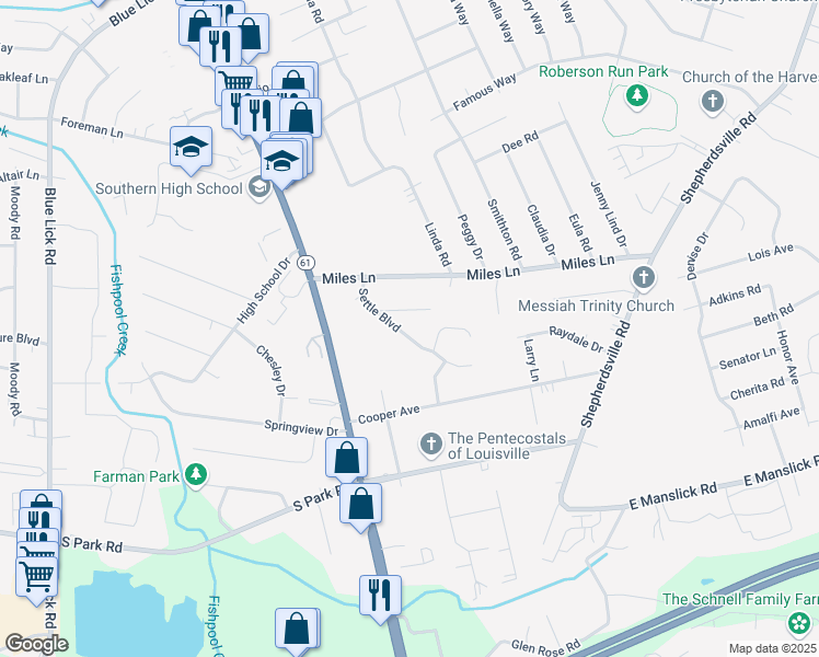 map of restaurants, bars, coffee shops, grocery stores, and more near 4643 Settle Boulevard in Louisville
