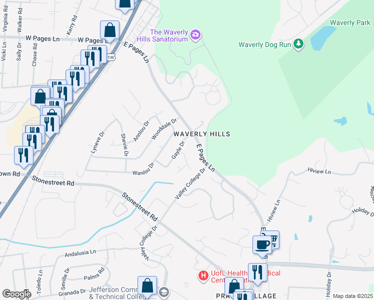 map of restaurants, bars, coffee shops, grocery stores, and more near 9107 Woodchat Way in Louisville