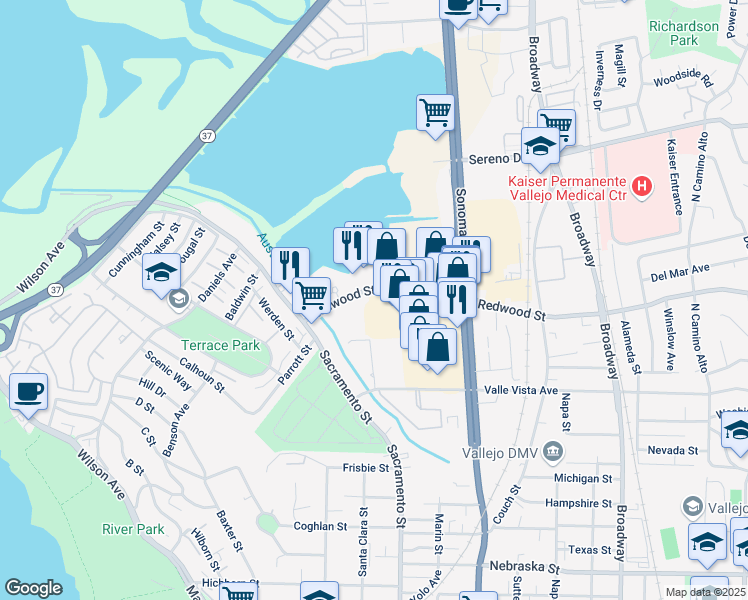 map of restaurants, bars, coffee shops, grocery stores, and more near 485 Redwood Street in Vallejo