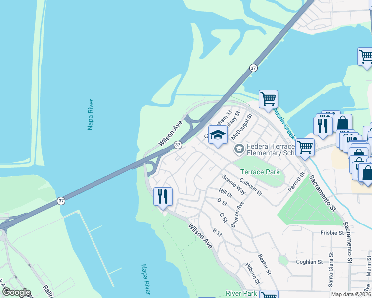 map of restaurants, bars, coffee shops, grocery stores, and more near 527 Lighthouse Drive in Vallejo