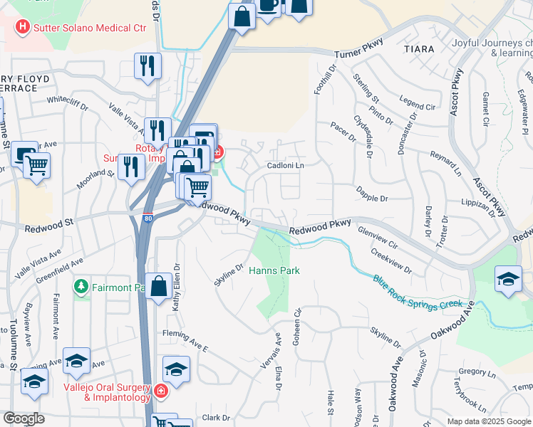map of restaurants, bars, coffee shops, grocery stores, and more near 2902 Redwood Parkway in Vallejo