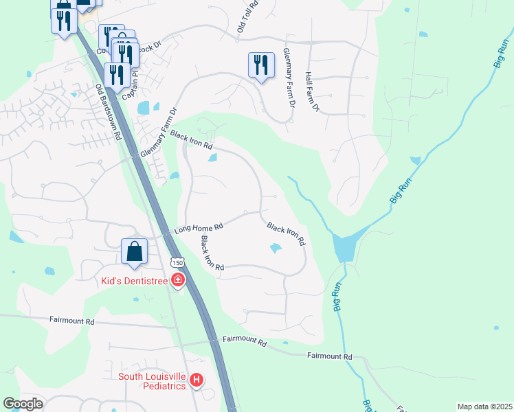 map of restaurants, bars, coffee shops, grocery stores, and more near 10418 Long Home Road in Louisville