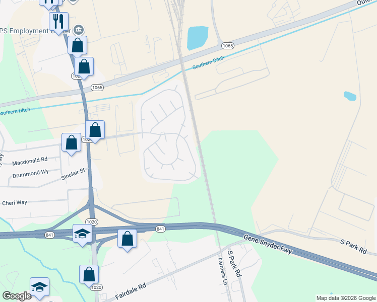 map of restaurants, bars, coffee shops, grocery stores, and more near 1466 Glengarry Drive in Louisville