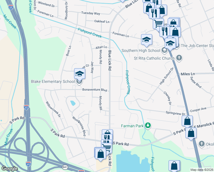 map of restaurants, bars, coffee shops, grocery stores, and more near 8801 Moody Road in Louisville