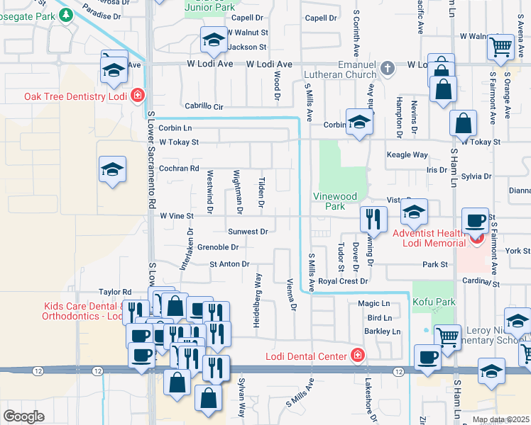 map of restaurants, bars, coffee shops, grocery stores, and more near 902 Laver Court in Lodi