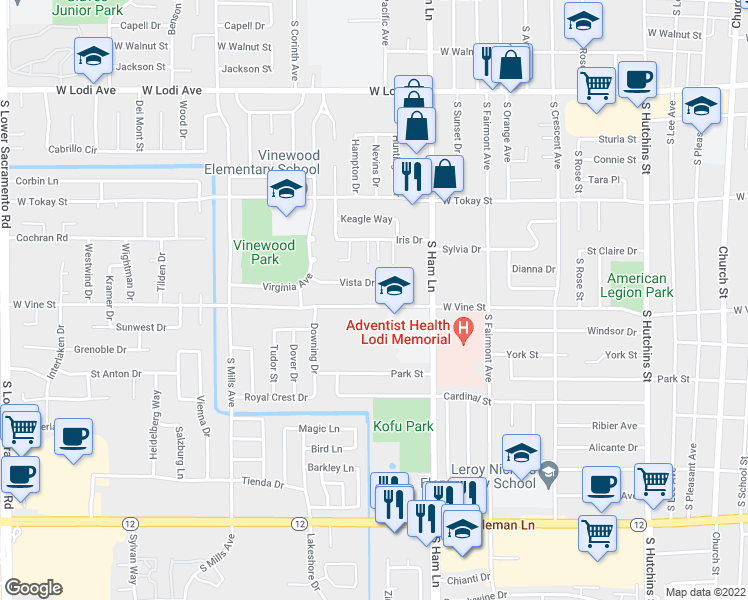 map of restaurants, bars, coffee shops, grocery stores, and more near 1439 West Vine Street in Lodi