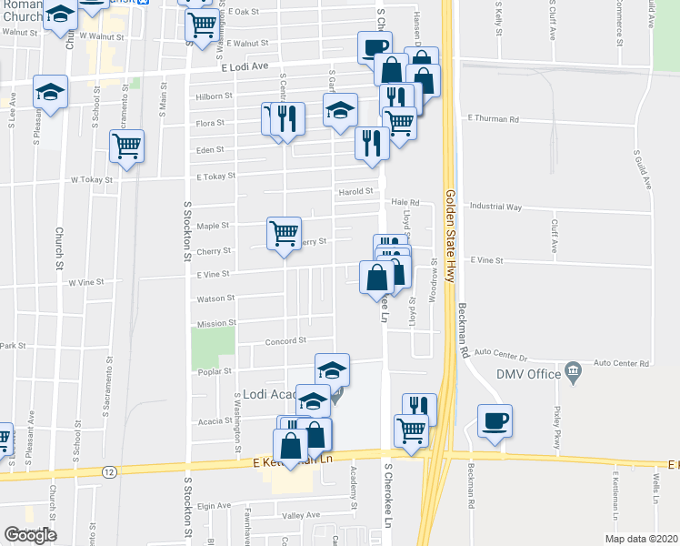 map of restaurants, bars, coffee shops, grocery stores, and more near 921 South Garfield Street in Lodi