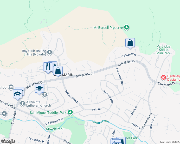 map of restaurants, bars, coffee shops, grocery stores, and more near 288 San Marin Drive in Novato