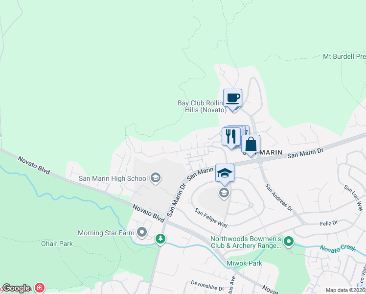 map of restaurants, bars, coffee shops, grocery stores, and more near 215 San Ramon Way in Novato