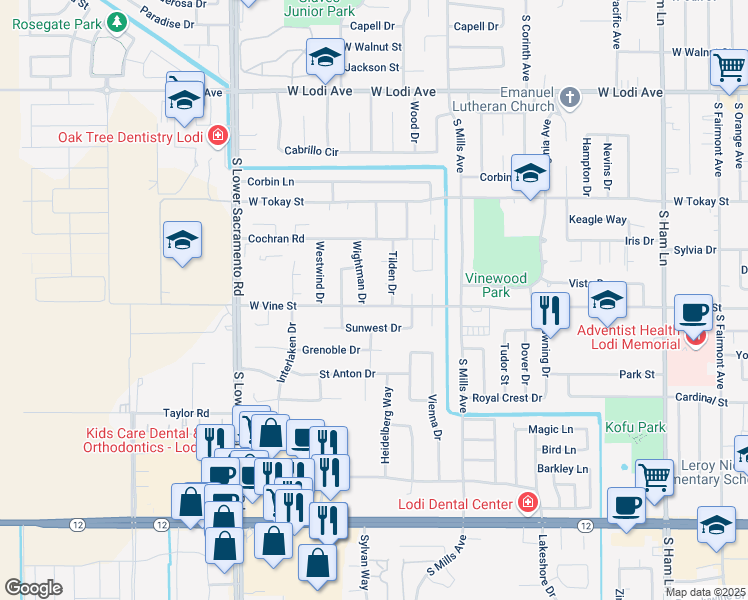 map of restaurants, bars, coffee shops, grocery stores, and more near 2132 West Vine Street in Lodi