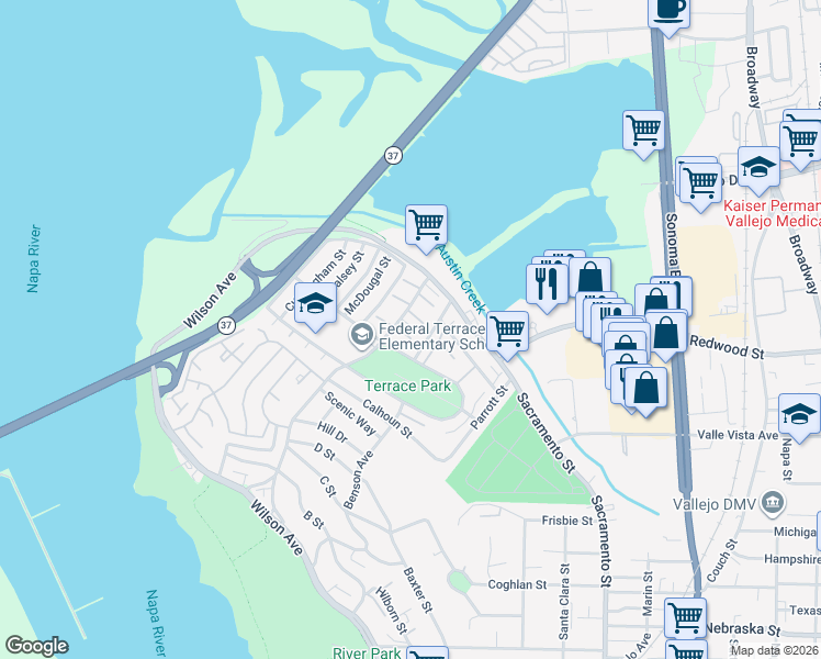 map of restaurants, bars, coffee shops, grocery stores, and more near 23 Baldwin Street in Vallejo