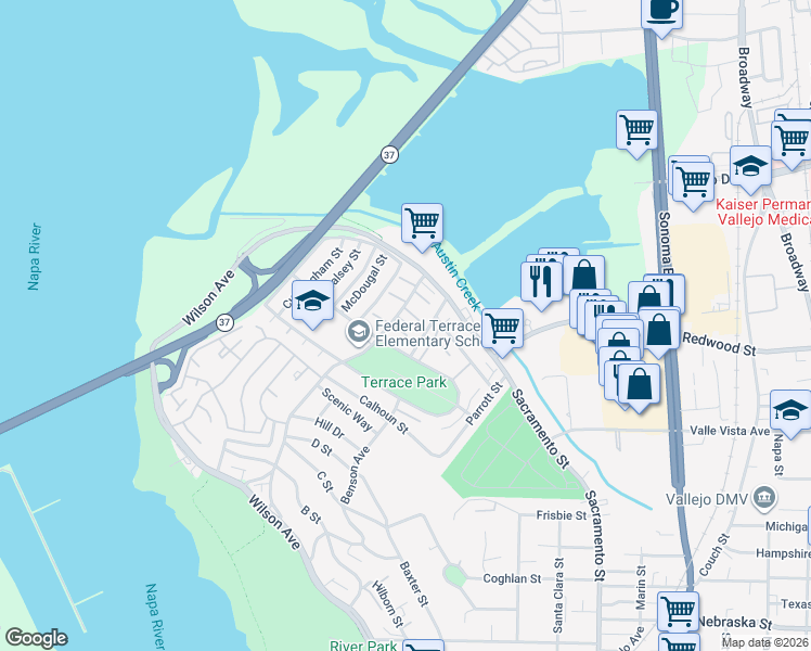 map of restaurants, bars, coffee shops, grocery stores, and more near 23 Baldwin Street in Vallejo