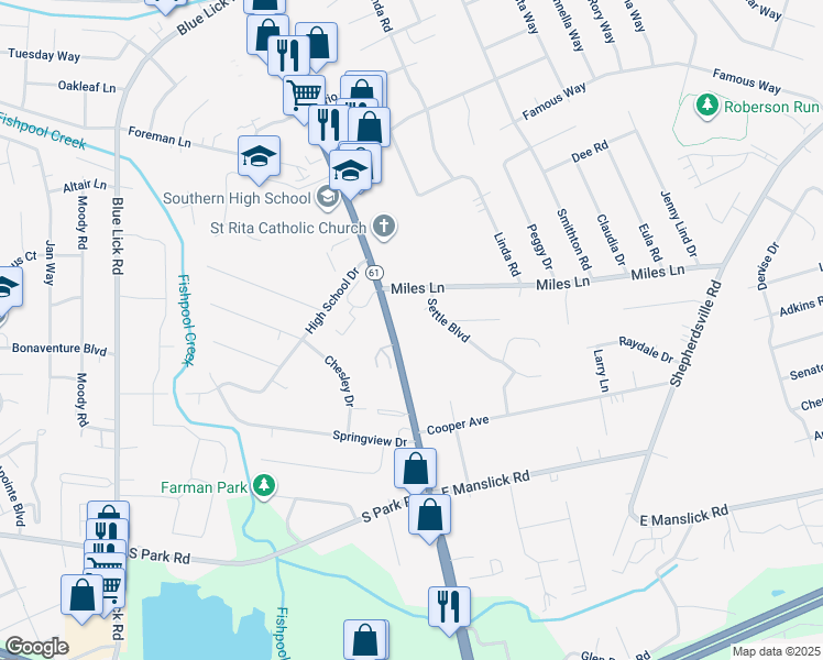 map of restaurants, bars, coffee shops, grocery stores, and more near 8931 Preston Highway in Louisville