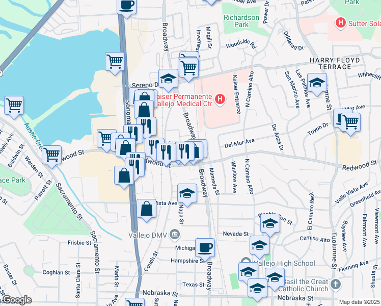 map of restaurants, bars, coffee shops, grocery stores, and more near 1037 Redwood Street in Vallejo