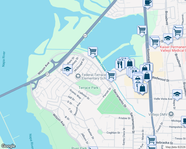 map of restaurants, bars, coffee shops, grocery stores, and more near 40 Baldwin Street in Vallejo