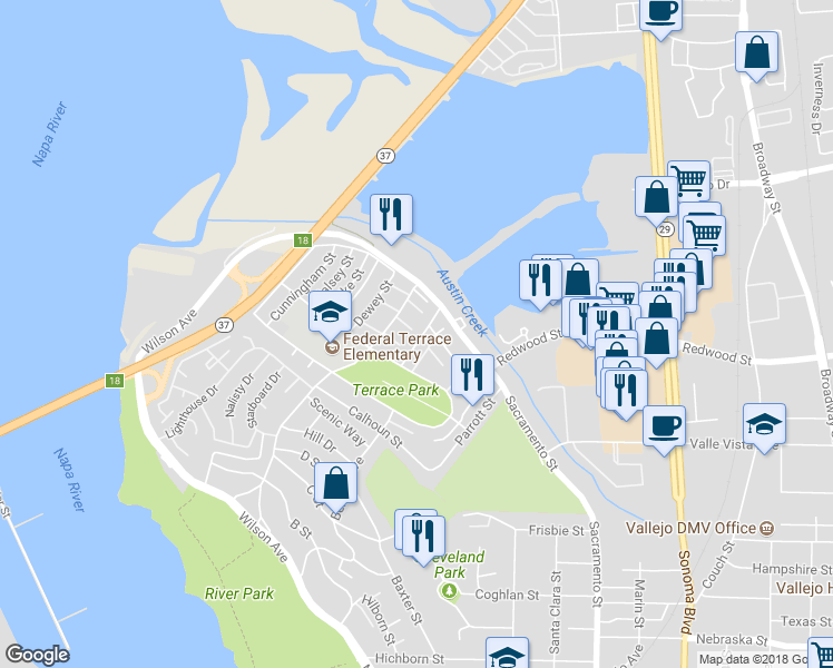 map of restaurants, bars, coffee shops, grocery stores, and more near 40 Baldwin Street in Vallejo
