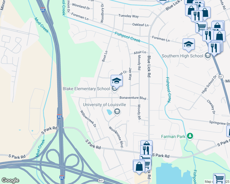 map of restaurants, bars, coffee shops, grocery stores, and more near 3801 Bonaventure Boulevard in Louisville