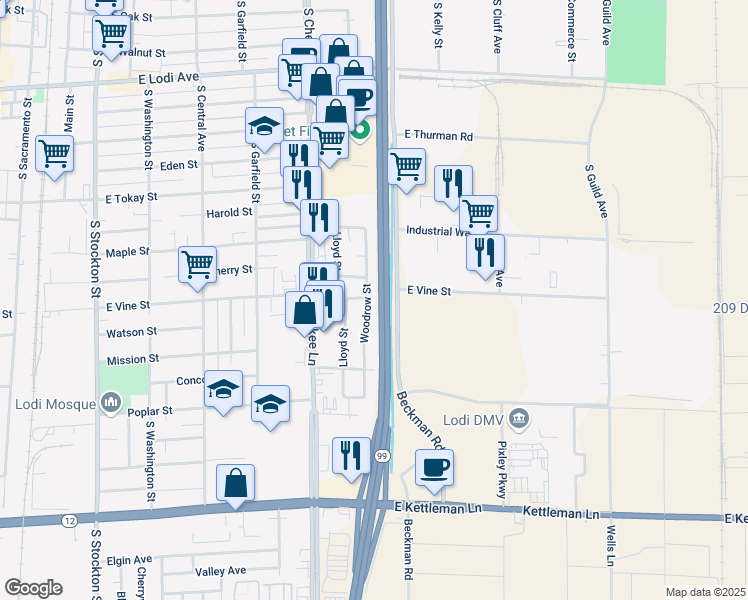 map of restaurants, bars, coffee shops, grocery stores, and more near 941 Woodrow Street in Lodi