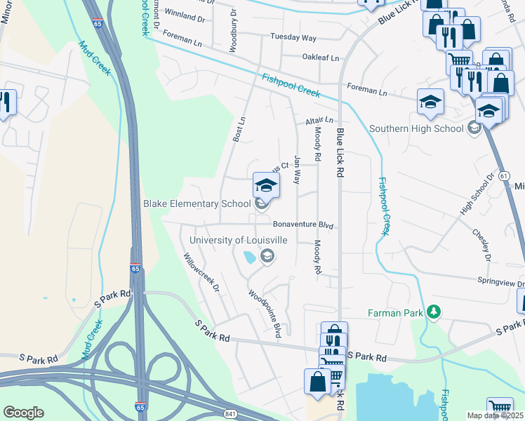 map of restaurants, bars, coffee shops, grocery stores, and more near 3804 Bonaventure Boulevard in Louisville