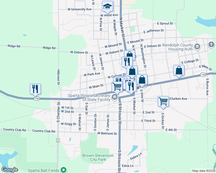 map of restaurants, bars, coffee shops, grocery stores, and more near 301 West Broadway Street in Sparta