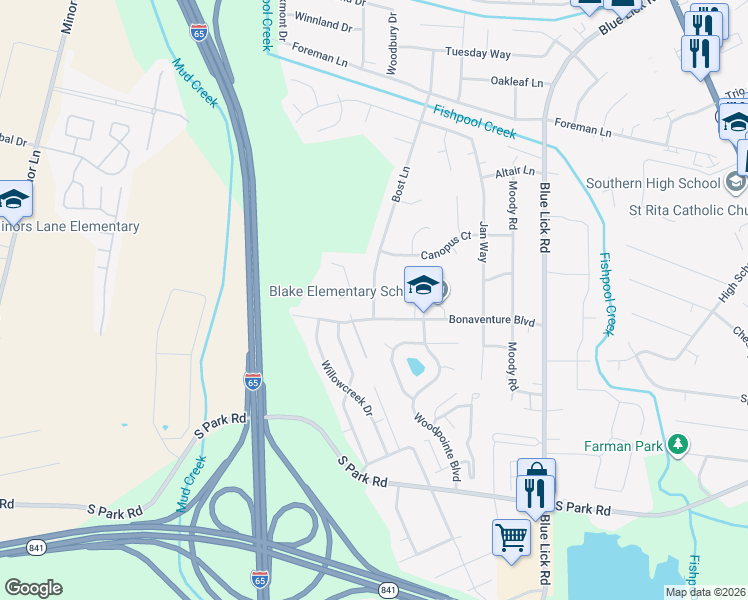 map of restaurants, bars, coffee shops, grocery stores, and more near 8801 Bost Lane in Louisville