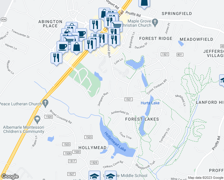 map of restaurants, bars, coffee shops, grocery stores, and more near 3153 Saddlebrook Lane in Charlottesville