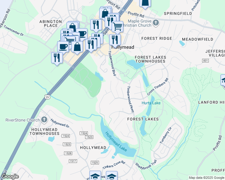 map of restaurants, bars, coffee shops, grocery stores, and more near 3153 Saddlebrook Lane in Charlottesville