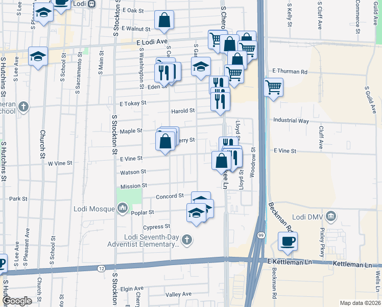 map of restaurants, bars, coffee shops, grocery stores, and more near 823 South Garfield Street in Lodi