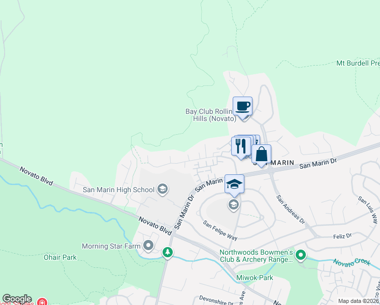 map of restaurants, bars, coffee shops, grocery stores, and more near 216 San Ramon Way in Novato