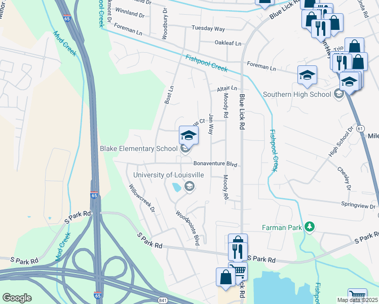 map of restaurants, bars, coffee shops, grocery stores, and more near 3801 Bonaventure Boulevard in Louisville