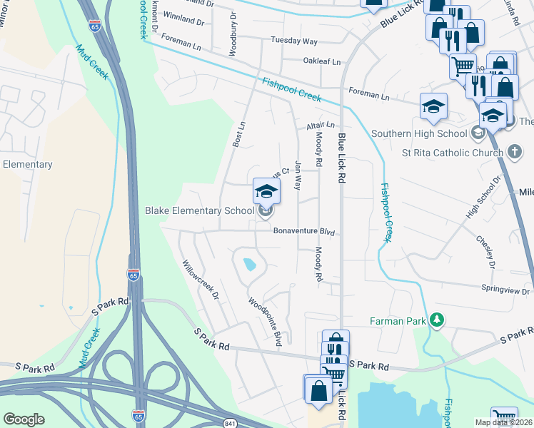 map of restaurants, bars, coffee shops, grocery stores, and more near 3801 Bonaventure Boulevard in Louisville