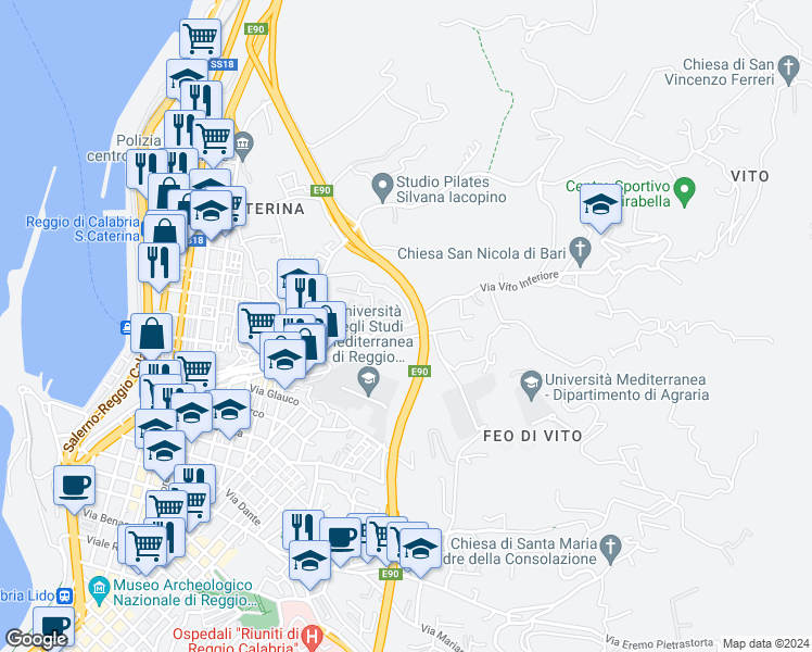 map of restaurants, bars, coffee shops, grocery stores, and more near 7 Via Antonio Nicola Manfroce in Reggio Calabria