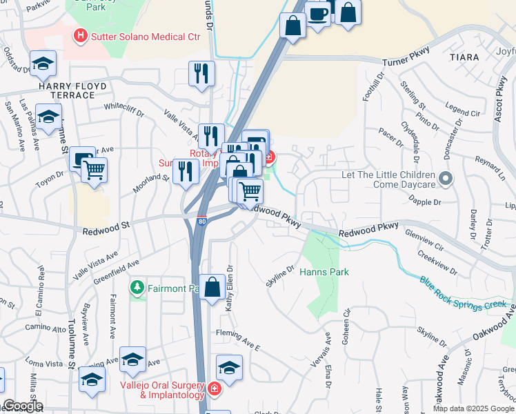 map of restaurants, bars, coffee shops, grocery stores, and more near 2830 Redwood Parkway in Vallejo