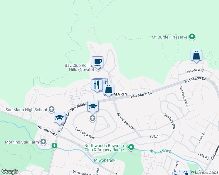 map of restaurants, bars, coffee shops, grocery stores, and more near 10 Andreas Circle in Novato