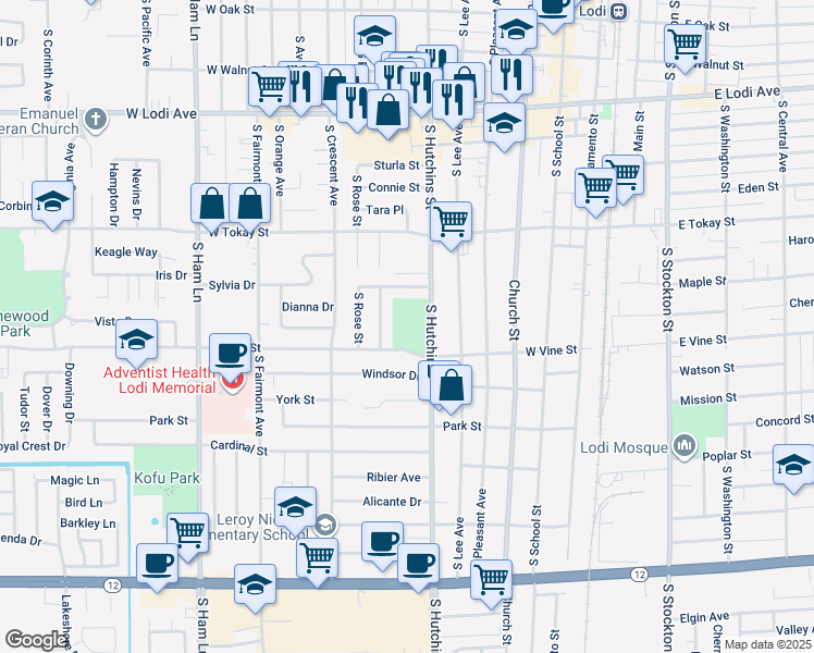 map of restaurants, bars, coffee shops, grocery stores, and more near 835 South Hutchins Street in Lodi