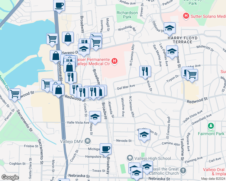 map of restaurants, bars, coffee shops, grocery stores, and more near 117 Hermosa Avenue in Vallejo