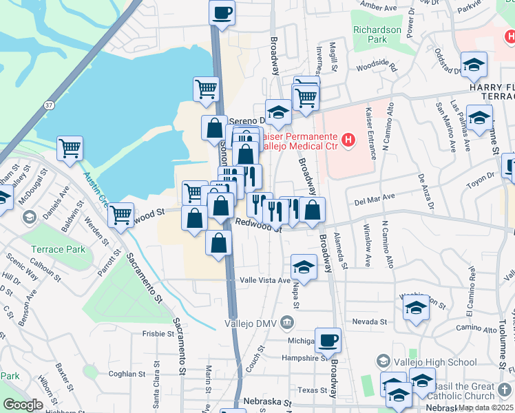 map of restaurants, bars, coffee shops, grocery stores, and more near 850 Redwood St in Vallejo