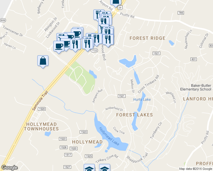 map of restaurants, bars, coffee shops, grocery stores, and more near 3159 Saddlebrook Lane in Charlottesville