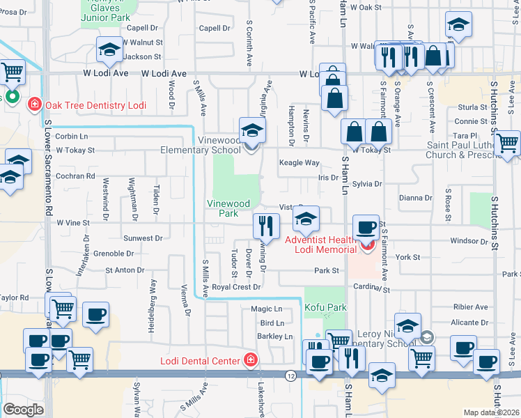 map of restaurants, bars, coffee shops, grocery stores, and more near 838 Virginia Avenue in Lodi