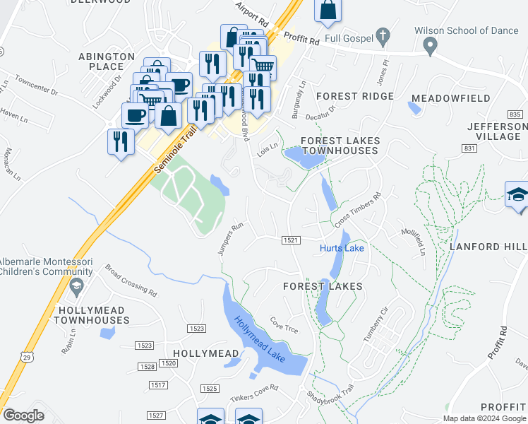 map of restaurants, bars, coffee shops, grocery stores, and more near 3176 Crossfield Lane in Charlottesville