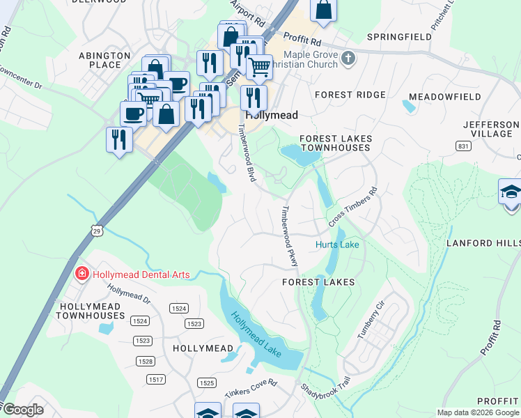 map of restaurants, bars, coffee shops, grocery stores, and more near 3177 Saddlebrook Lane in Charlottesville