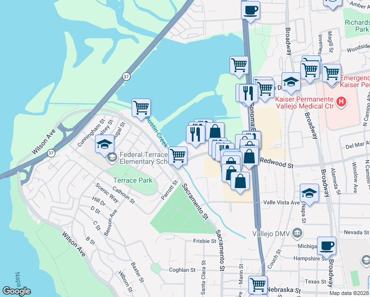 map of restaurants, bars, coffee shops, grocery stores, and more near 400 Redwood Street in Vallejo