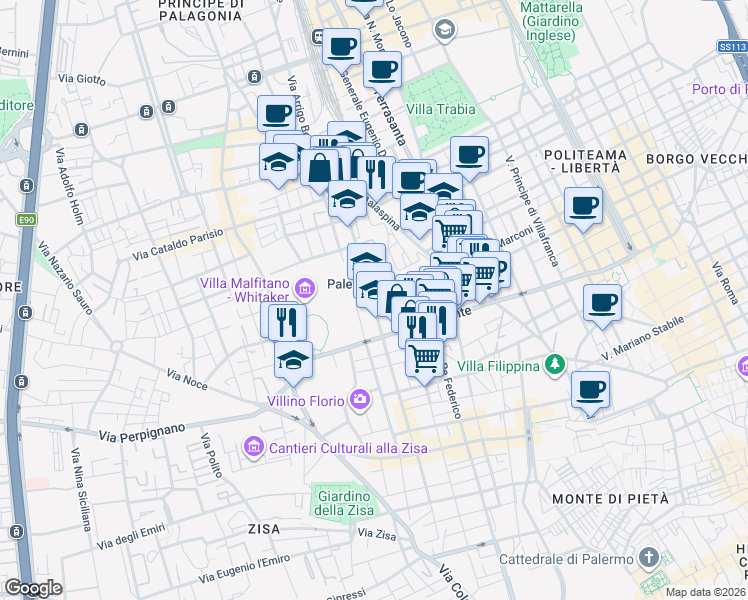 map of restaurants, bars, coffee shops, grocery stores, and more near 49 Via Filippo Parlatore in Palermo