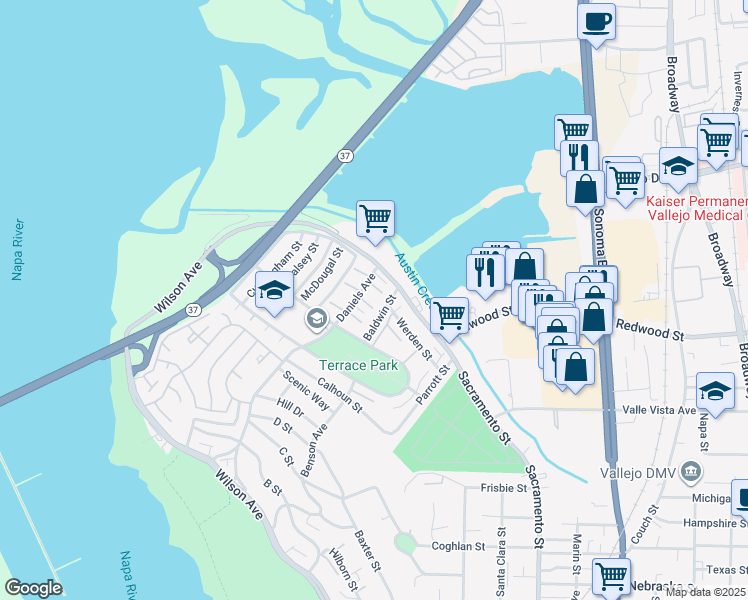 map of restaurants, bars, coffee shops, grocery stores, and more near 712 Daniels Avenue in Vallejo
