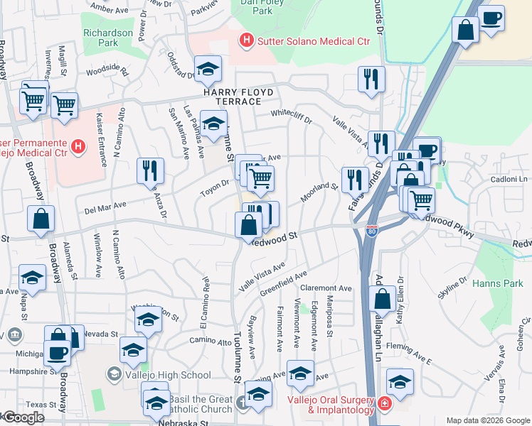 map of restaurants, bars, coffee shops, grocery stores, and more near 15 Panorama Dr in Vallejo