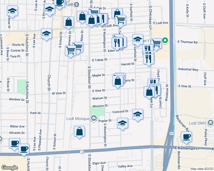 map of restaurants, bars, coffee shops, grocery stores, and more near 819 South Washington Street in Lodi