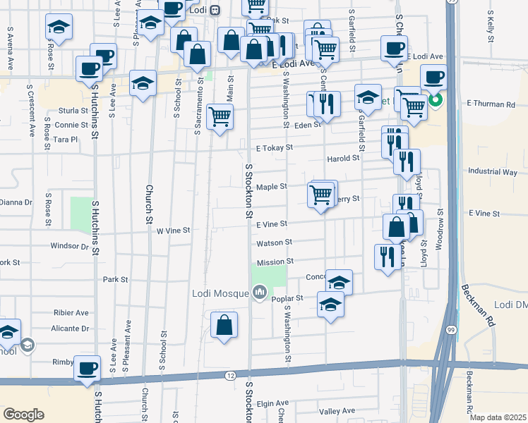 map of restaurants, bars, coffee shops, grocery stores, and more near 209 Cherry Street in Lodi