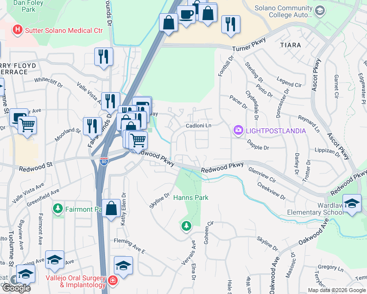 map of restaurants, bars, coffee shops, grocery stores, and more near 137 Bridlewood Court in Vallejo