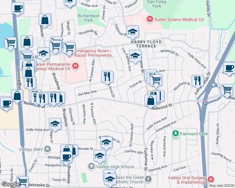 map of restaurants, bars, coffee shops, grocery stores, and more near 132 De Anza Drive in Vallejo