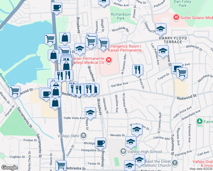 map of restaurants, bars, coffee shops, grocery stores, and more near 2536 Alameda Street in Vallejo